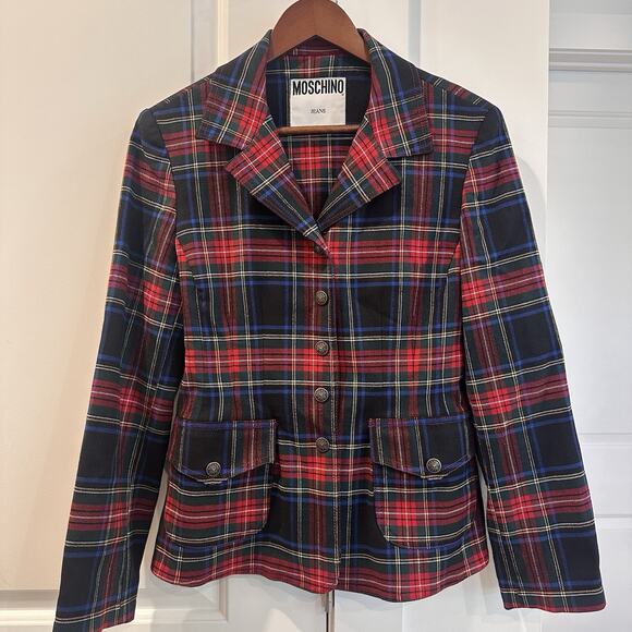Vintage 90s Moschino Jeans Blazer Jacket Y2K Plaid Tartan Womens S/M Tweed EUC - Picture 13 of 14